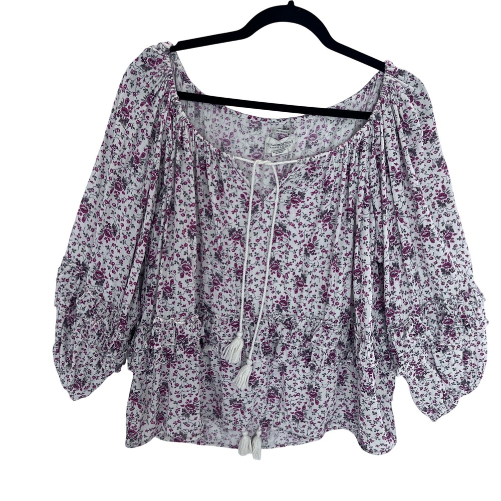 Denim & Supply Ralph Lauren Floral Boho Peasant Blouse Cream Red Ruffle Medium